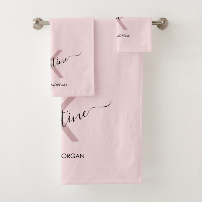 Elegant blush pink monogram bath towel set (Insitu)