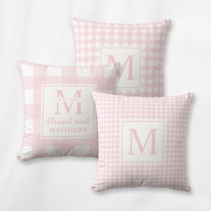 Elegant Blush Pink Monogram Classic Gingham Cushion