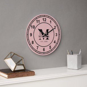 Elegant Blush Pink Monogram Custom Family Name Large Clock