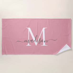 Elegant Blush Pink Monogram Feminine Grey Script Beach Towel