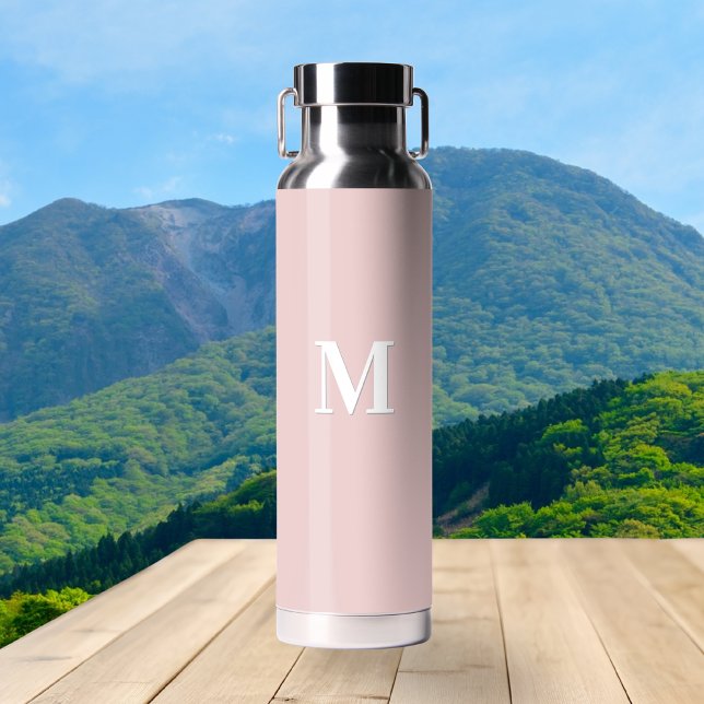 Elegant Blush Pink Monogram Initial Water Bottle (A stainless steel water bottle in blush pink, personalized with a white monogram initial)