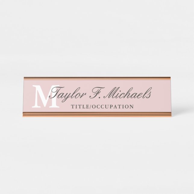 Elegant Blush Pink Monogram & Name Desk Name Plate (Front)