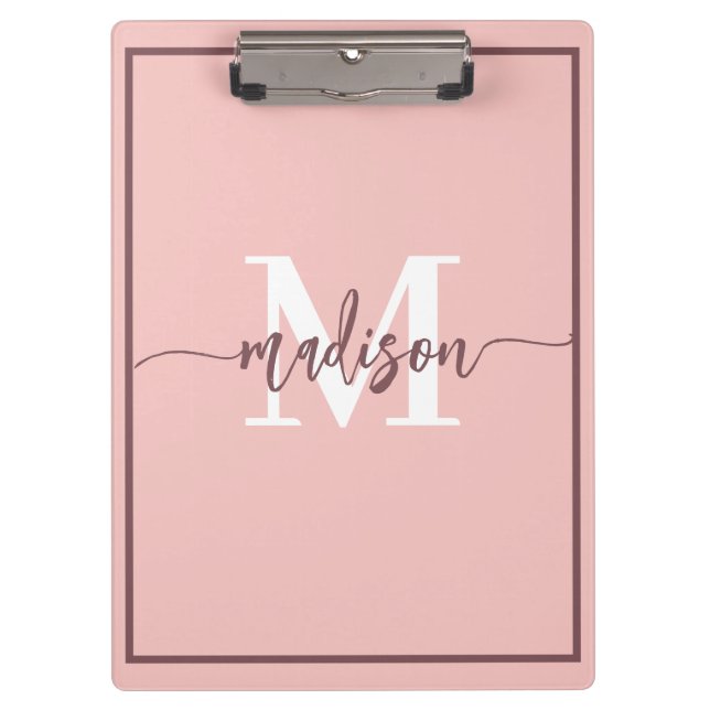Elegant Blush Pink Monogram Script Name Clipboard (Front)