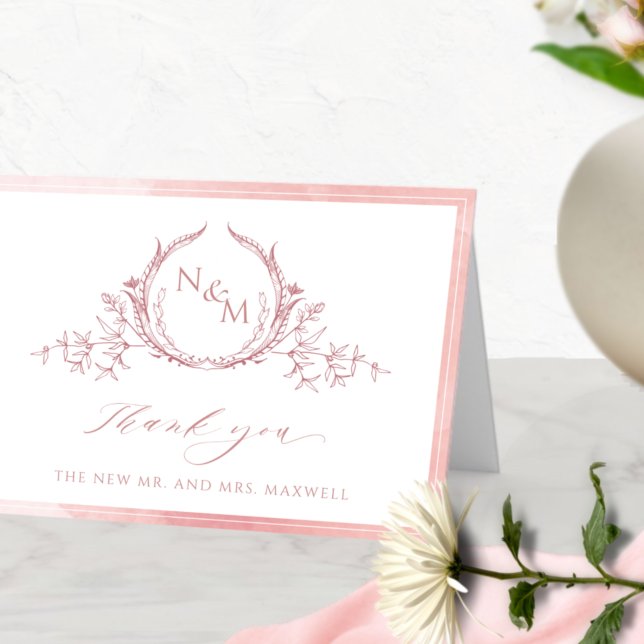 Elegant Blush Pink Monogram, Watercolor Wedding Thank You Card (Creator Uploaded)