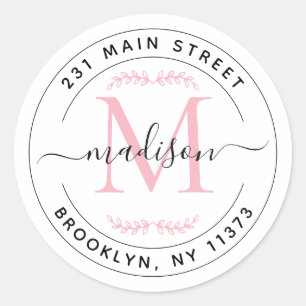 Elegant Blush Pink Monogram Wreath Return Address  Classic Round Sticker