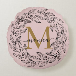 Elegant Blush Pink Monogrammed Floral Round Cushion