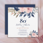 Elegant Blush Pink Navy Blue Floral 80th Birthday<br><div class="desc">Make your birthday celebration unforgettable with this sophisticated invitation. The design features beautiful blush pink and navy peony flowers,  making it both stylish and charming. Use the design tools to customise the text,  and the font.</div>