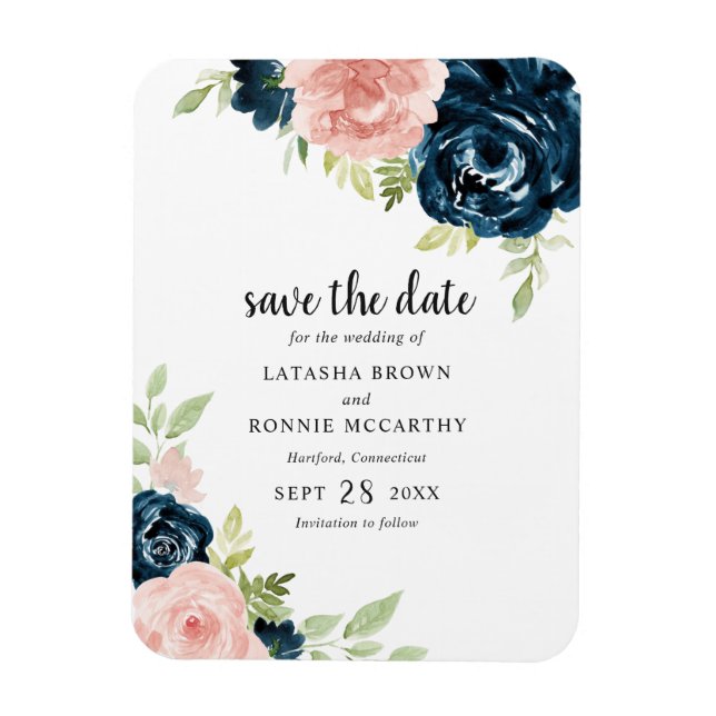 Elegant Blush Pink Navy Blue Floral Save The Date Magnet (Vertical)