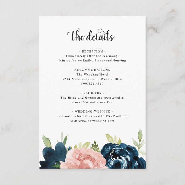 Elegant Blush Pink Navy Blue Floral Wedding Enclosure Card (Front)