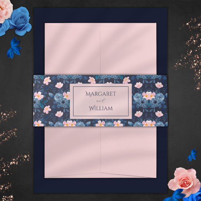 Elegant Blush Pink & Navy Blue Floral Wedding Invitation Belly Band (Creator Uploaded)