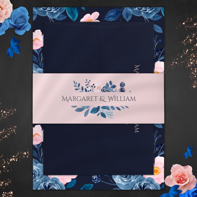 Elegant Blush Pink & Navy Blue Floral Wedding Invitation Belly Band (Creator Uploaded)