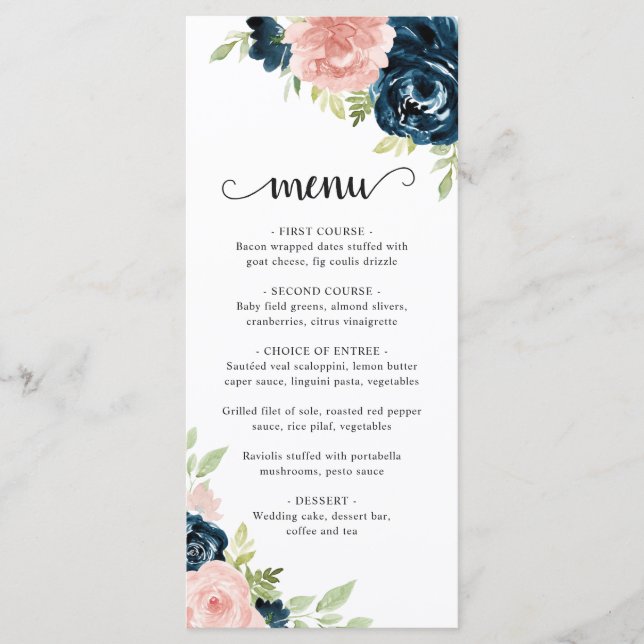 Elegant Blush Pink Navy Blue Floral Wedding Menu (Front)