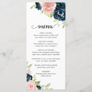 Elegant Blush Pink Navy Blue Floral Wedding Menu