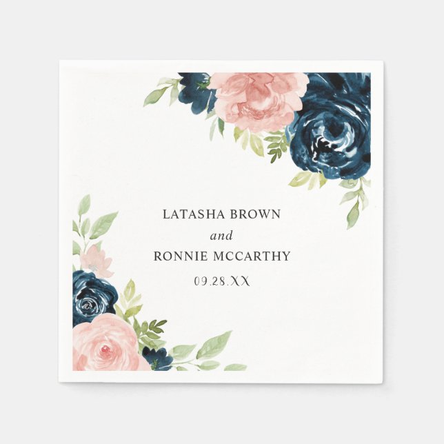 Elegant Blush Pink Navy Blue Floral Wedding Napkin (Front)