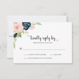 Elegant Blush Pink Navy Blue Floral Wedding RSVP Card