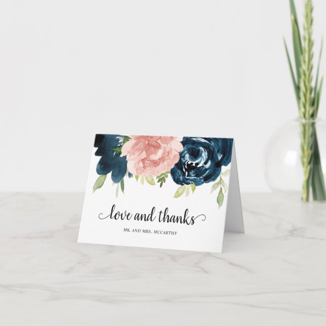 Elegant Blush Pink Navy Blue Floral Wedding Thank You Card (Front)