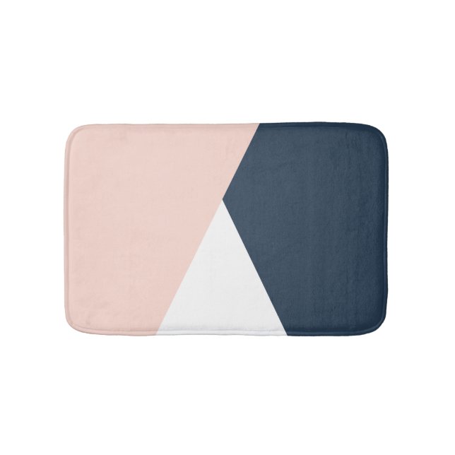 Elegant blush pink & navy blue geometric triangles bath mat (Front)