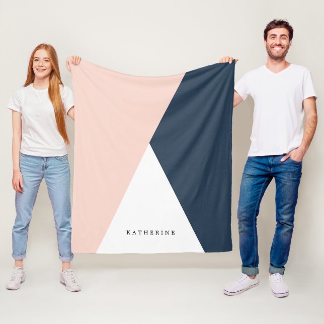 Elegant blush pink & navy blue geometric triangles fleece blanket (In Situ)
