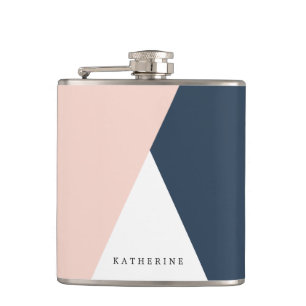 Elegant blush pink & navy blue geometric triangles hip flask
