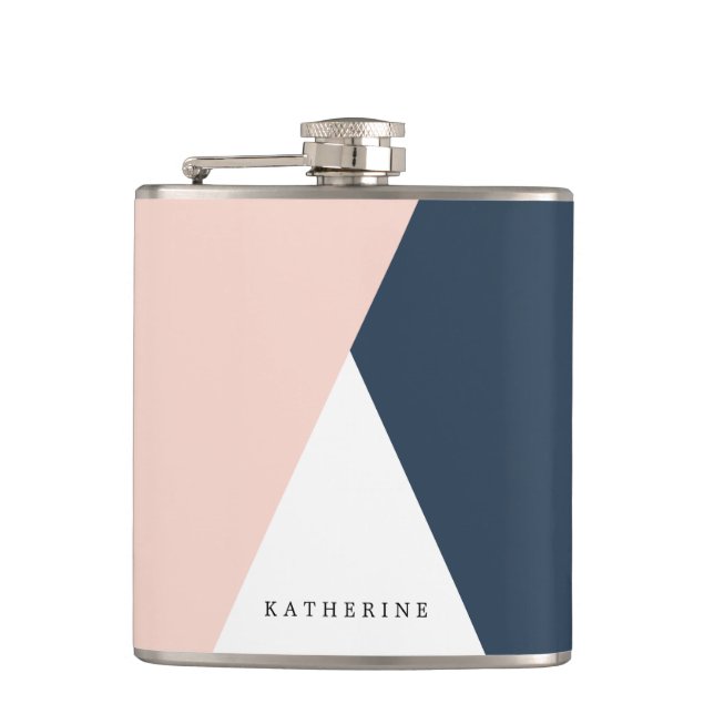 Elegant blush pink & navy blue geometric triangles hip flask (Front)