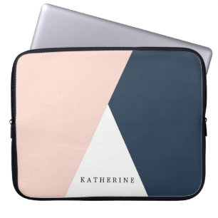 Elegant blush pink & navy blue geometric triangles laptop sleeve
