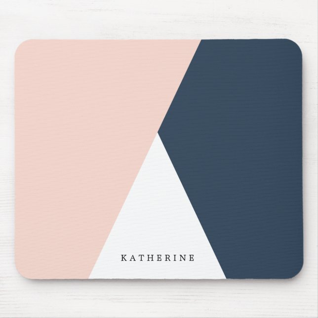 Elegant blush pink & navy blue geometric triangles mouse mat (Front)