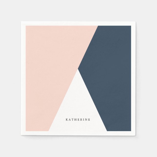 Elegant blush pink & navy blue geometric triangles napkin (Front)