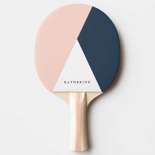 Elegant blush pink & navy blue geometric triangles ping pong paddle (Front)