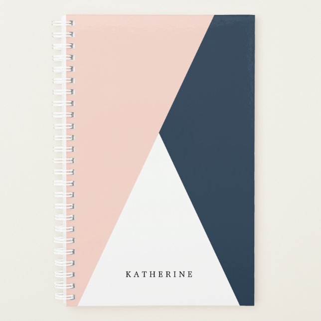 Elegant blush pink & navy blue geometric triangles planner (Front)