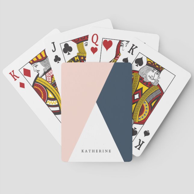 Elegant blush pink & navy blue geometric triangles playing cards (Back)