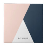 Elegant blush pink & navy blue geometric triangles tile<br><div class="desc">Minimalist and modern design representing blush pink,  white and navy blue colour block.</div>
