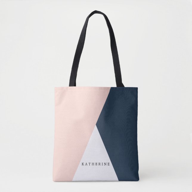 Elegant blush pink & navy blue geometric triangles tote bag (Front)