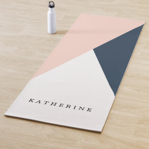 Elegant blush pink & navy blue geometric triangles yoga mat