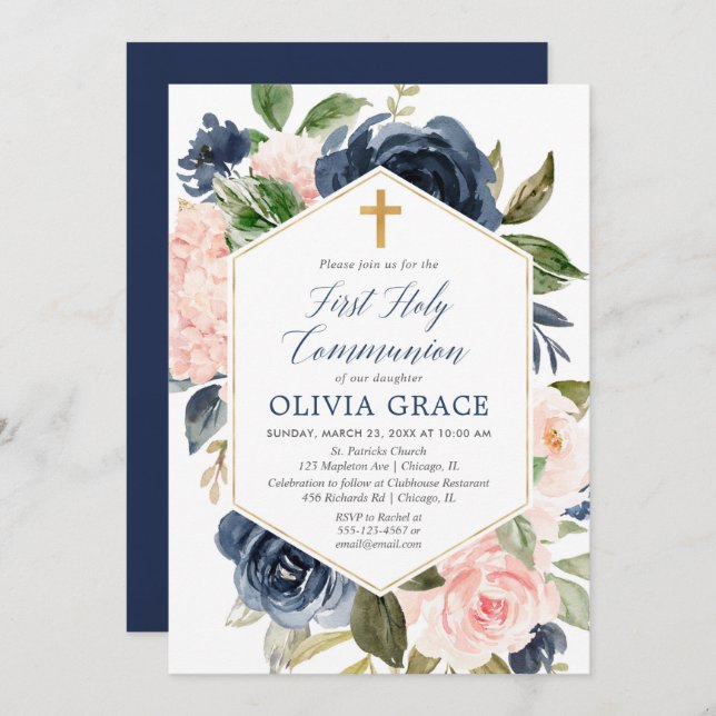 Elegant blush pink navy girl first holy communion invitation (Front/Back)