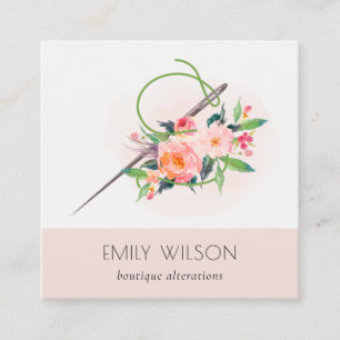 Elegant Blush Pink Needle Watercolor Floral Tailor Square Business Card