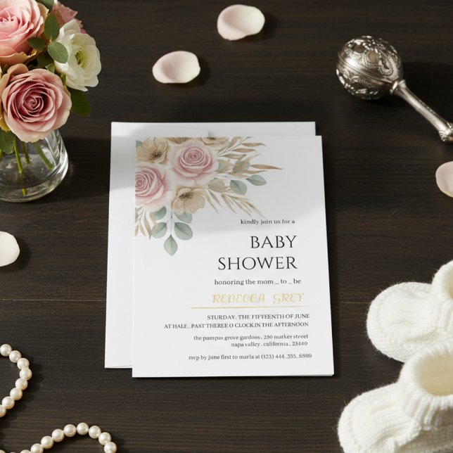 Elegant Blush Pink & Neutral Floral Baby Shower  Invitation (Creator Uploaded)