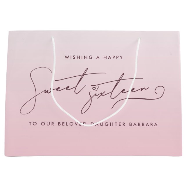 Elegant Blush Pink Ombre Script Sweet Sixteen  Large Gift Bag (Front)