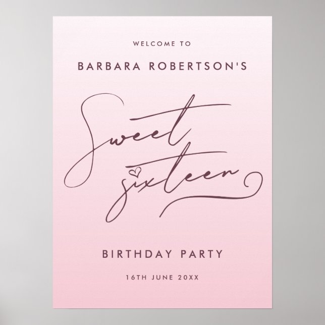 Elegant Blush Pink Ombre Script Sweet Sixteen Poster (Front)