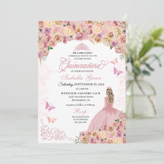 Elegant Blush Pink Peach Floral Quinceanera Invitation (Standing Front)