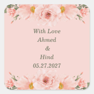 Elegant Blush Pink Peach Floral Wedding Favour  Square Sticker