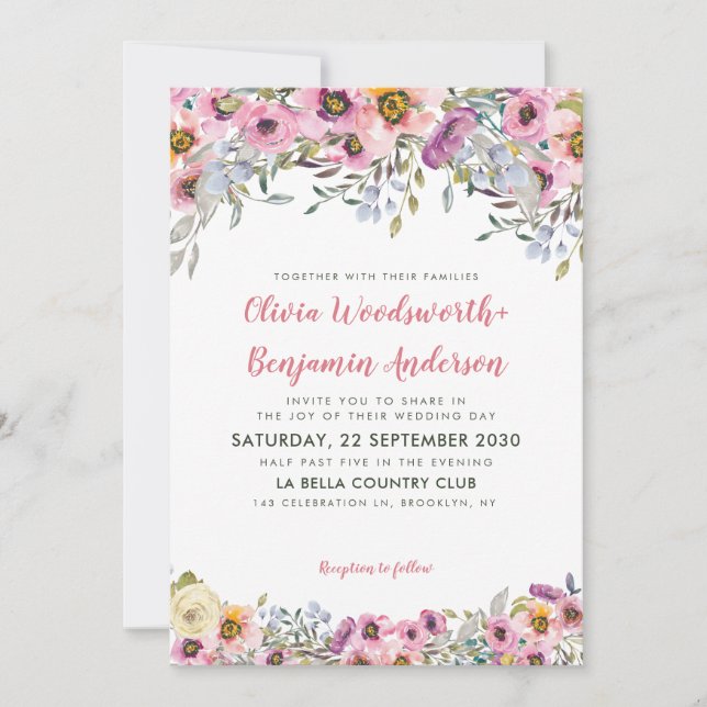 Elegant Blush Pink Peach Lavender Floral Wedding Invitation (Front)