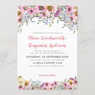 Elegant Blush Pink Peach Lavender Floral Wedding Invitation