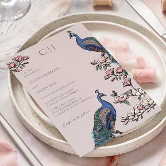 Elegant Blush Pink Peacock and Flowers Wedding Invitation