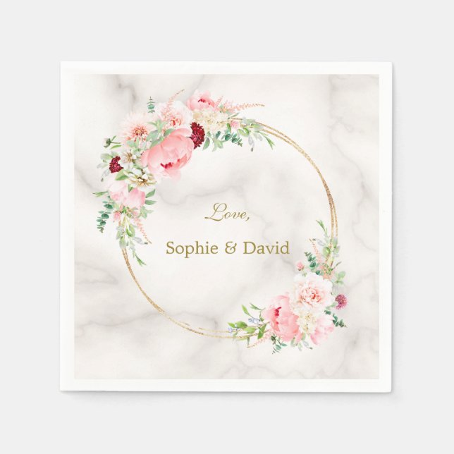 Elegant Blush Pink Peonies Bloom Gold Wedding Napkin (Front)