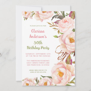 Elegant Blush Pink Peony 30th Birthday Invitation