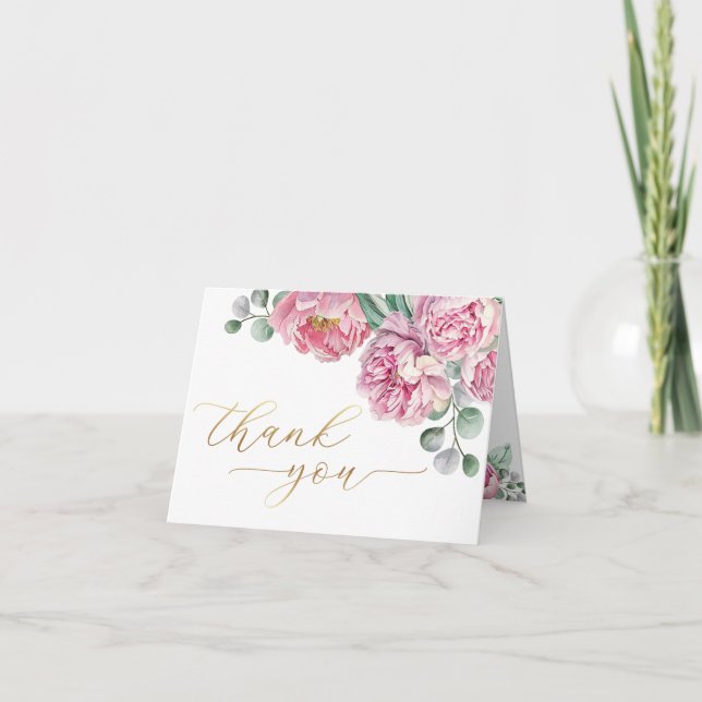 Elegant Blush Pink Peony and Gold Greenery Baby Sh Thank You Card (Front)