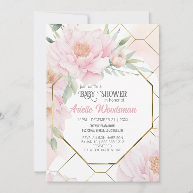 Elegant Blush Pink Peony Baby Shower Watercolor Invitation (Front)