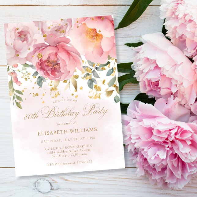 Elegant  Blush Pink Peony Floral 80th Birthday  Invitation (Creator Uploaded)