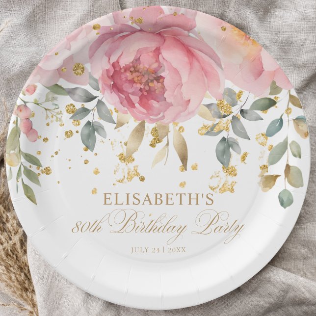 Elegant Blush Pink Peony Floral 80th Birthday  Paper Plate (Creator Uploaded)