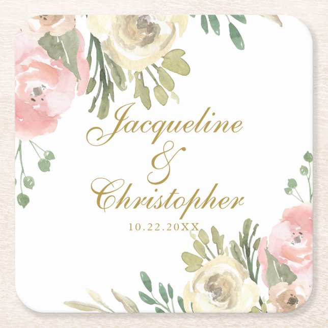 Elegant Blush Pink Peony Floral Gold Wedding Square Paper Coaster (Front)